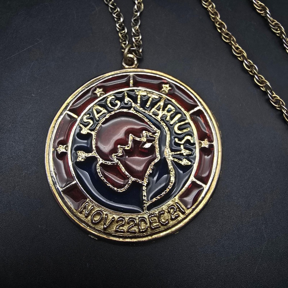 Vintage Sagittarius Zodiac Necklace Faux Stained Glass Gold Tone Chain